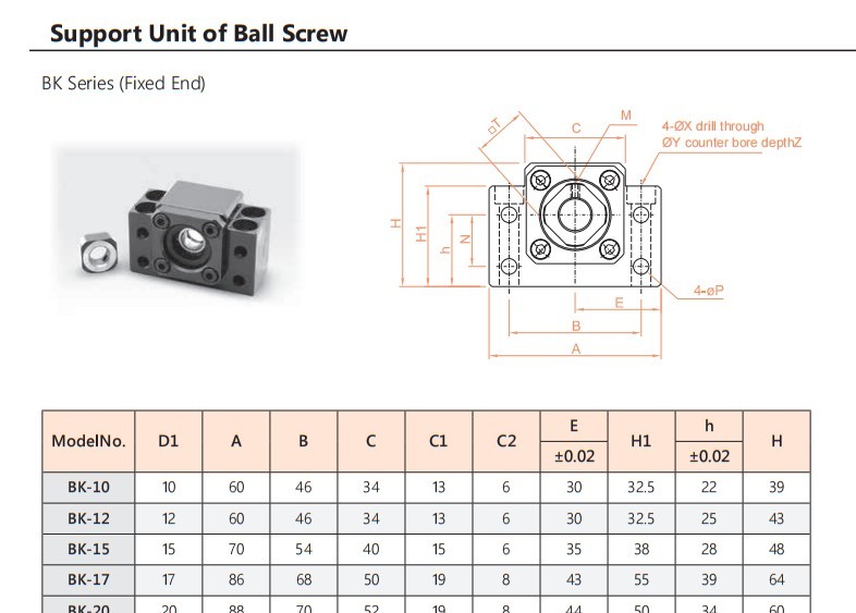 BK ball screw support unit parameter drawing, sheet 1, upper detail