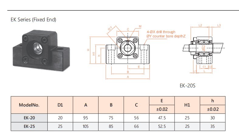 EK ball screw support unit parameter drawing, sheet 3, upper detail